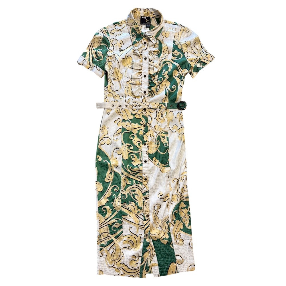Just Cavalli Roberto Cavalli Silk Baroque Ruffle Button Front Midi Dress Belt 44